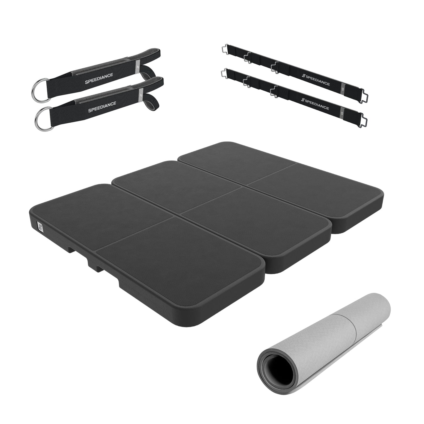 Speediance Pilates Kit components: foldable mat, ankle straps and attachment straps